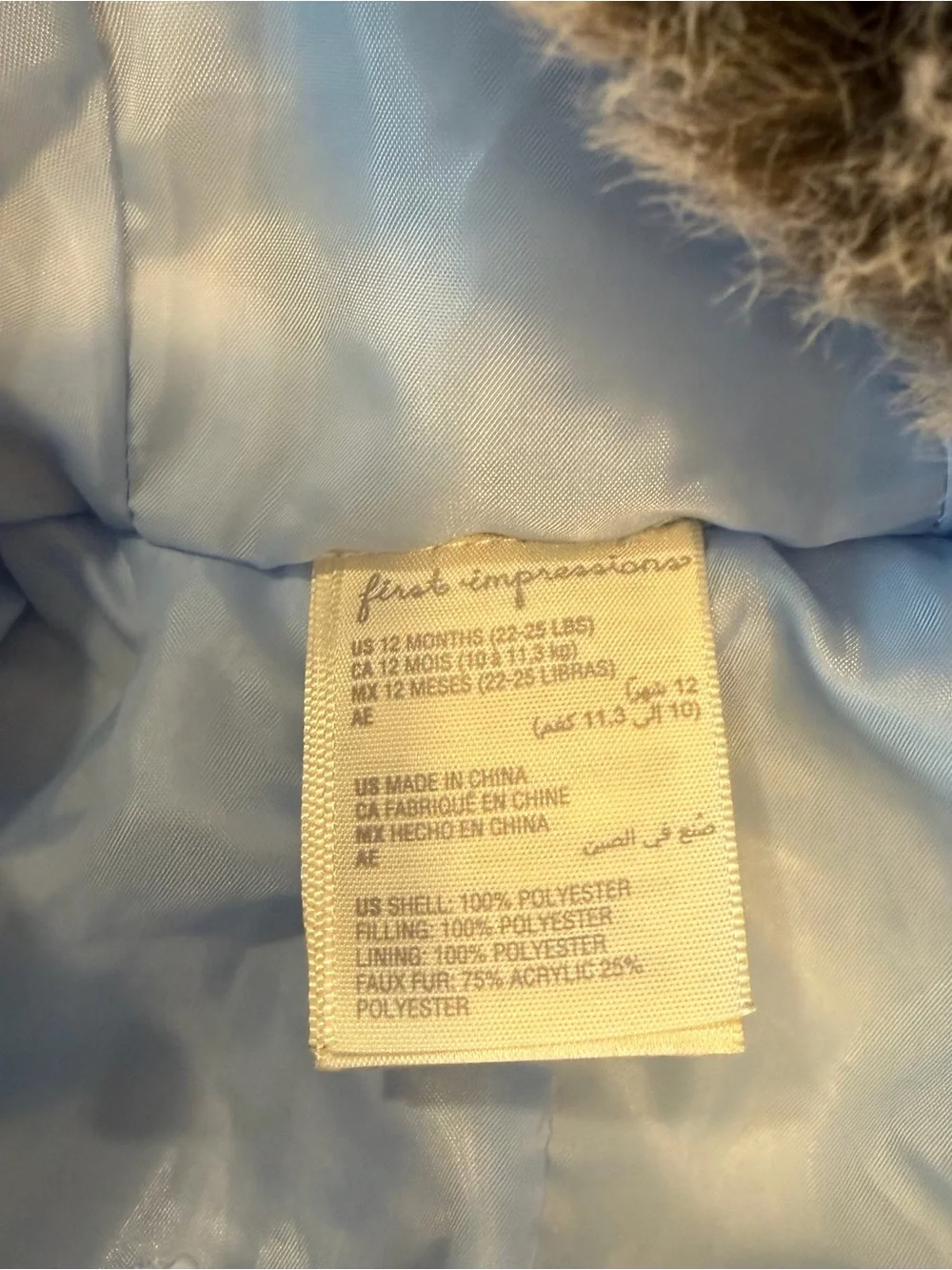 First Impressions- Baby Snowsuit w/ Faux Fur Hood